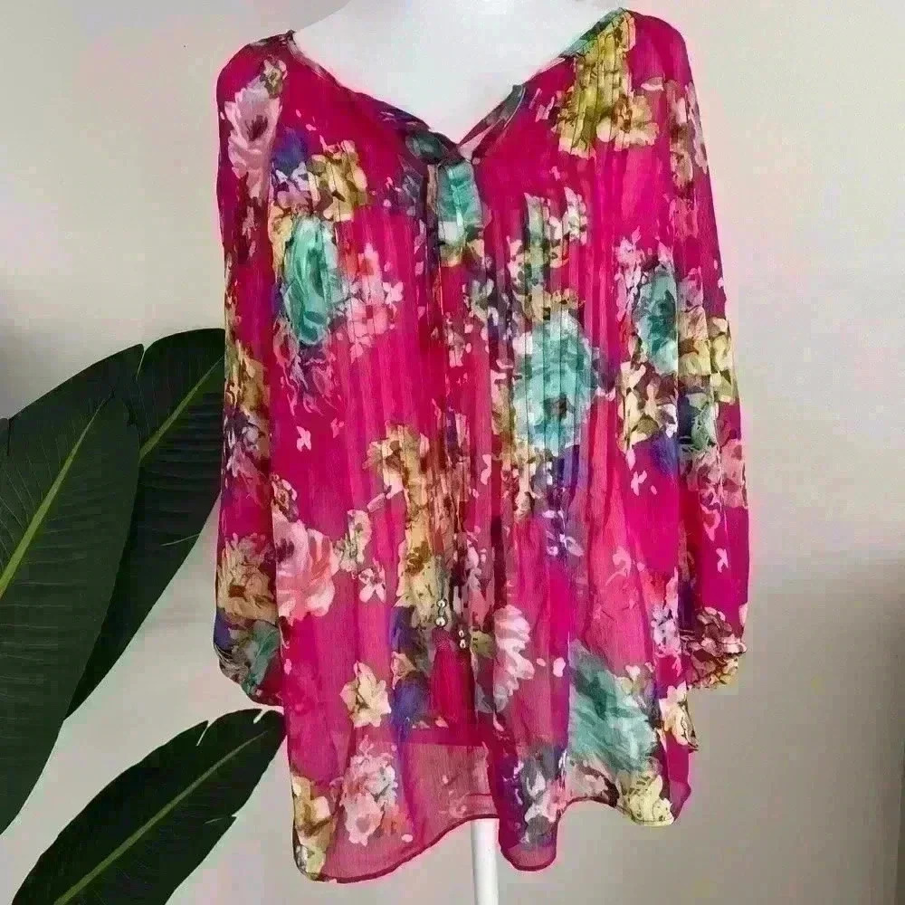 Charter Club Petite Small Long Sleeve Colorful Blouse Polyester Pink Floral